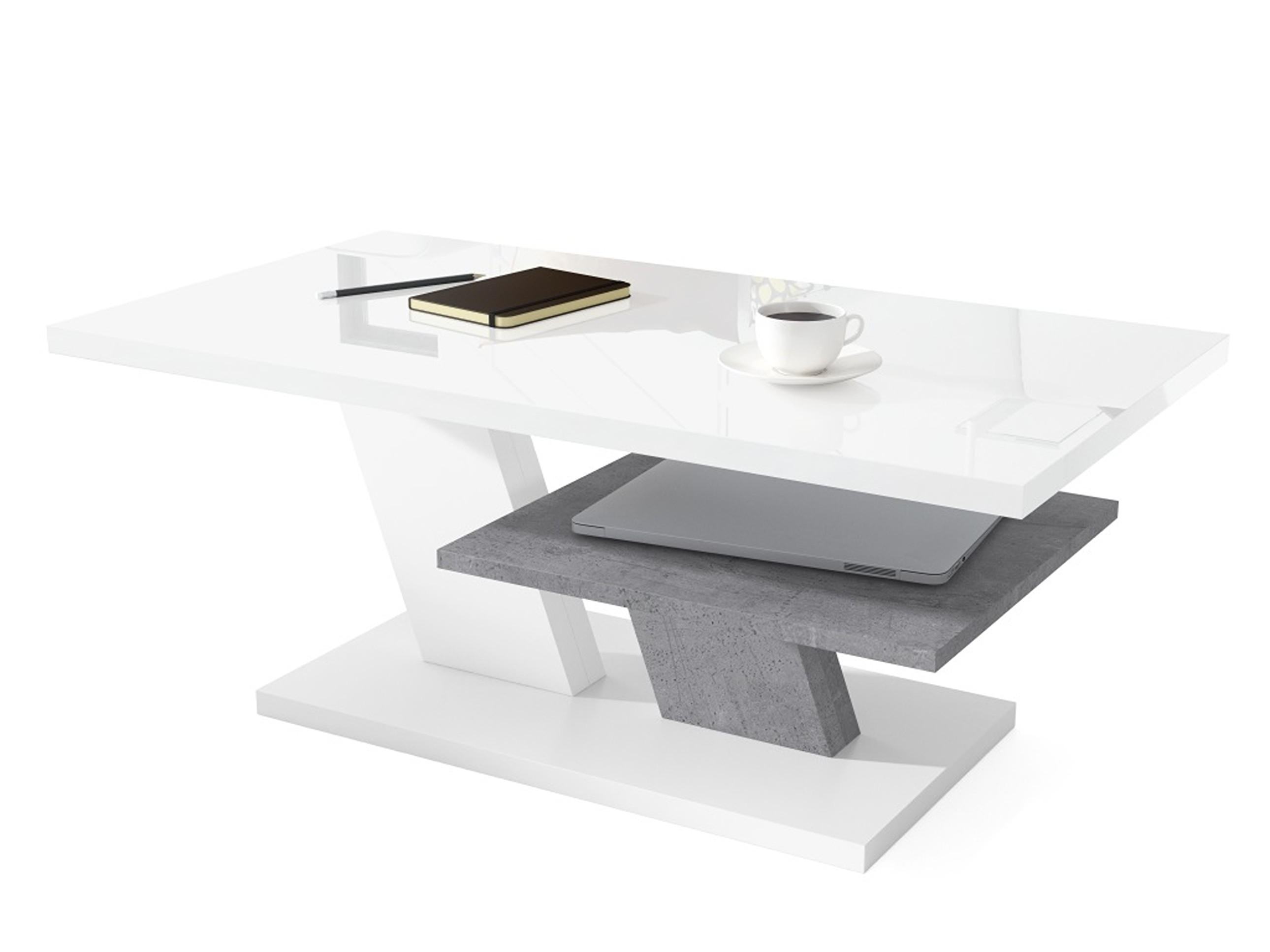COUCHTISCH rechteckig Weiß Hochglanz Beton mit Ablage - Weiß Hochglanz/Grau, Holzwerkstoff (60/110/45cm) - designimpex