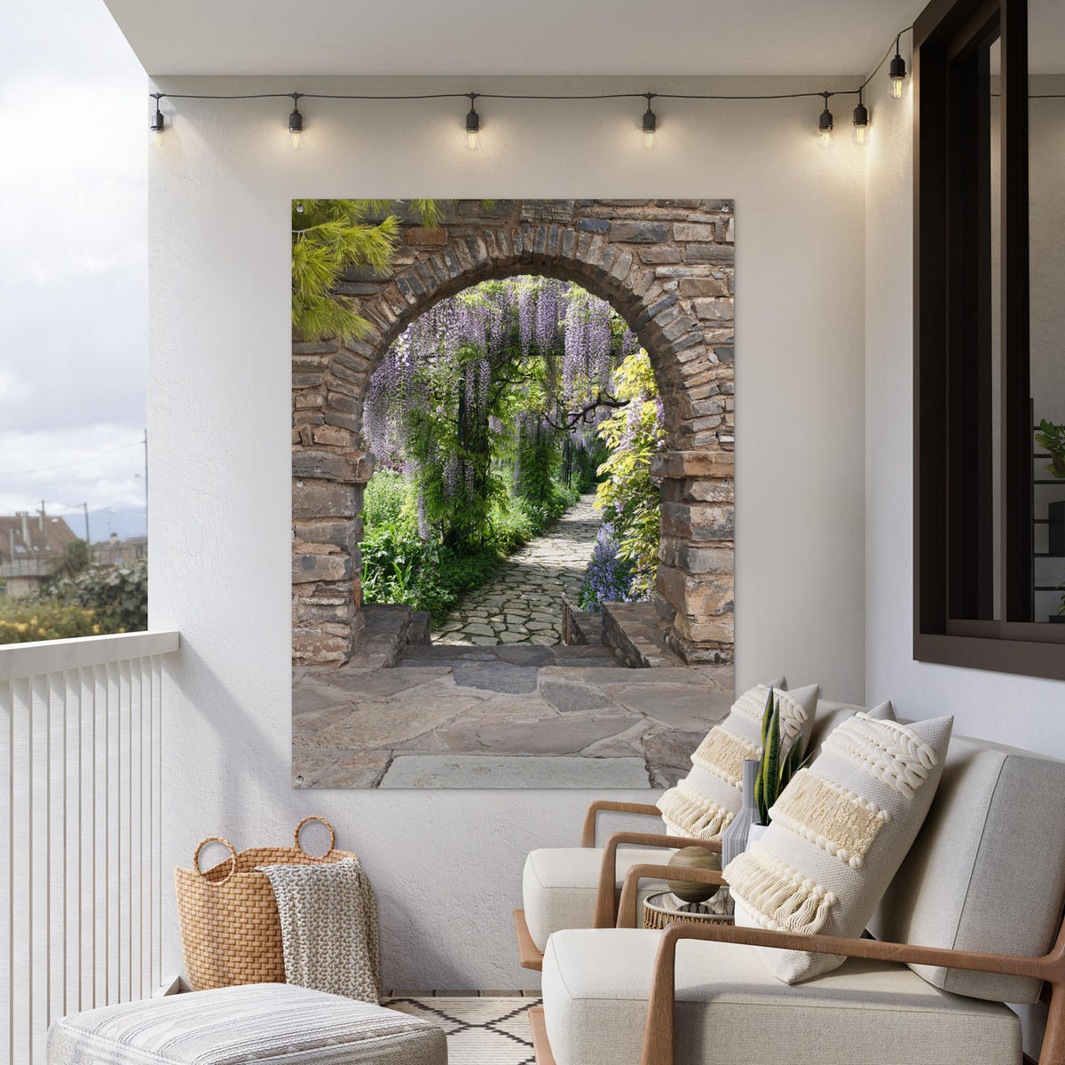 ZAHRADNÍ PLAKÁT Les - výhled - kameny - cesta 120x160 cm - šedohnědá, plast (120/160/0.2cm) - OnlyWow