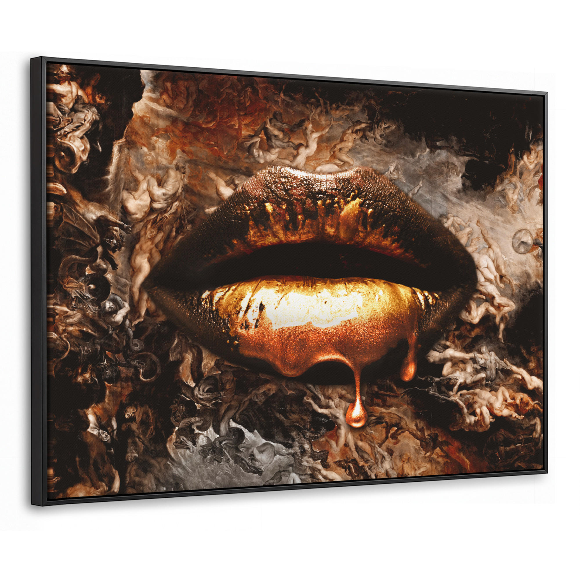 LEINWAND Bilder mit Rahmen - Gold - Lippen - Kunst - Gold - Luxus - Abstrakt - 80x60 - Kupferfarben, Textil (80/60cm) - MuchoWow
