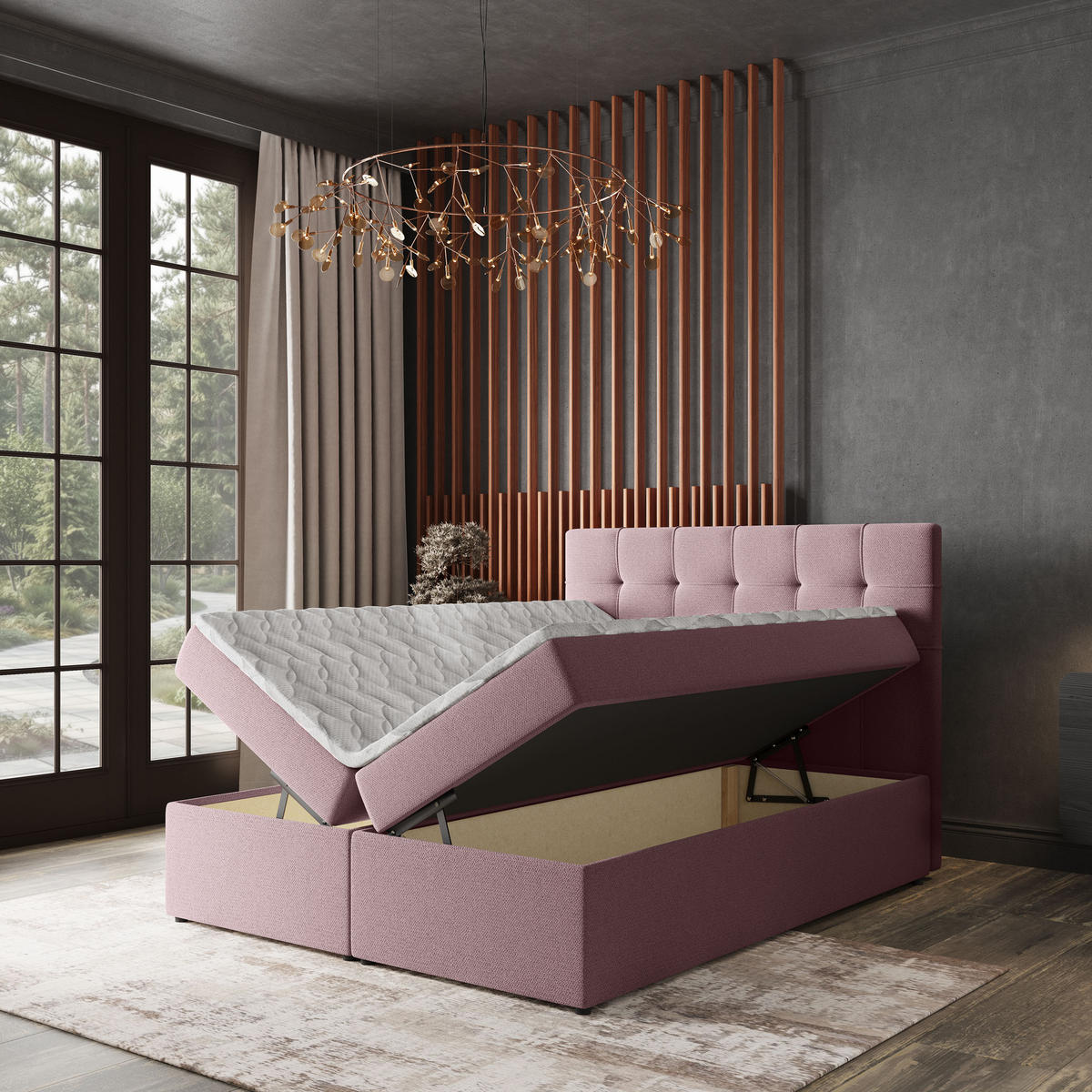 BOXBETT PALMA 180x200 cm mit Matratze und Topper, H2+H3 - Rosa - Rosa, Holz (180/200cm) - MASSENO