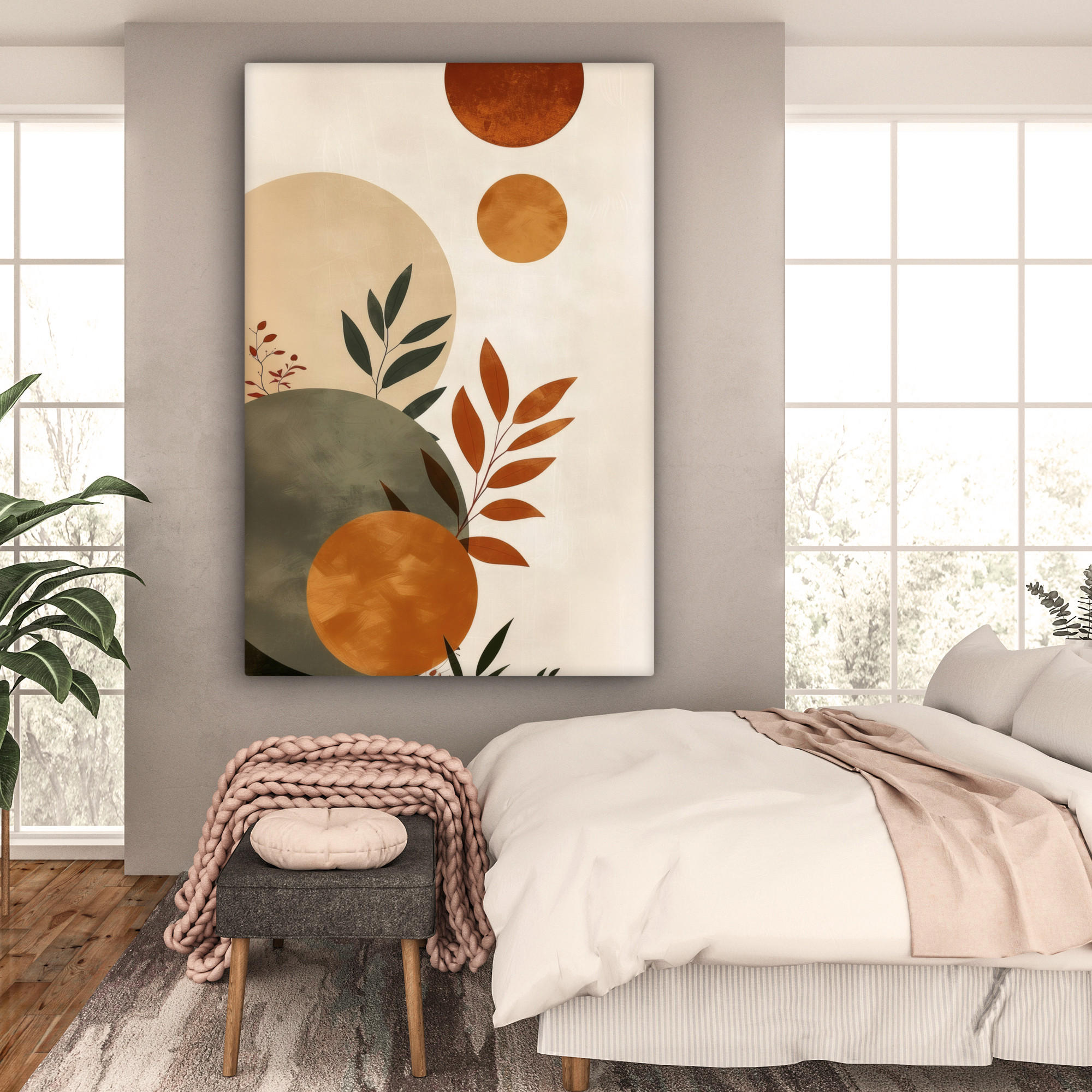 LEINWANDBILD Formen - Rund - Blätter - Beige 90x140 cm - Rostfarben, Textil (90/140cm) - MuchoWow