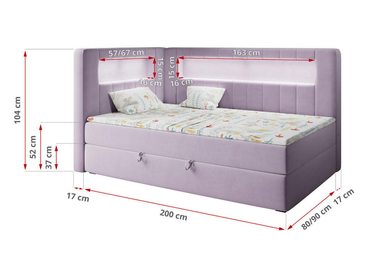 BOXSPRINGBETT JUNIOR GOLD 3 90/200 Violett - rechte Seite - Violett, Holz/Textil (90/200cm) - MKS