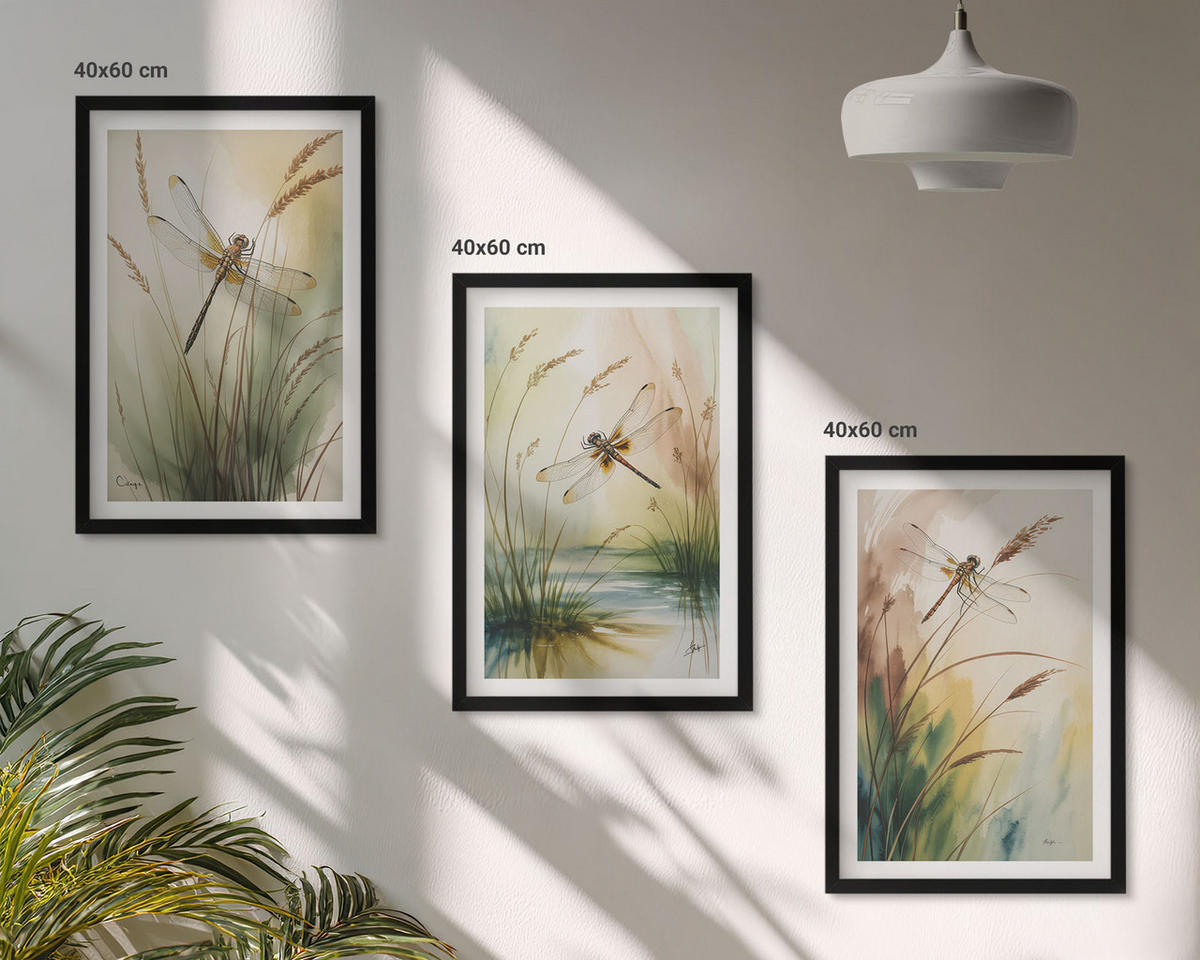 BILDER SET 3er Set - 40x60 cm Schwarzer Rahmen - Libellen im Gras, Wassermalerei - Schwarz, Kunststoff (40/60cm) - TULUP