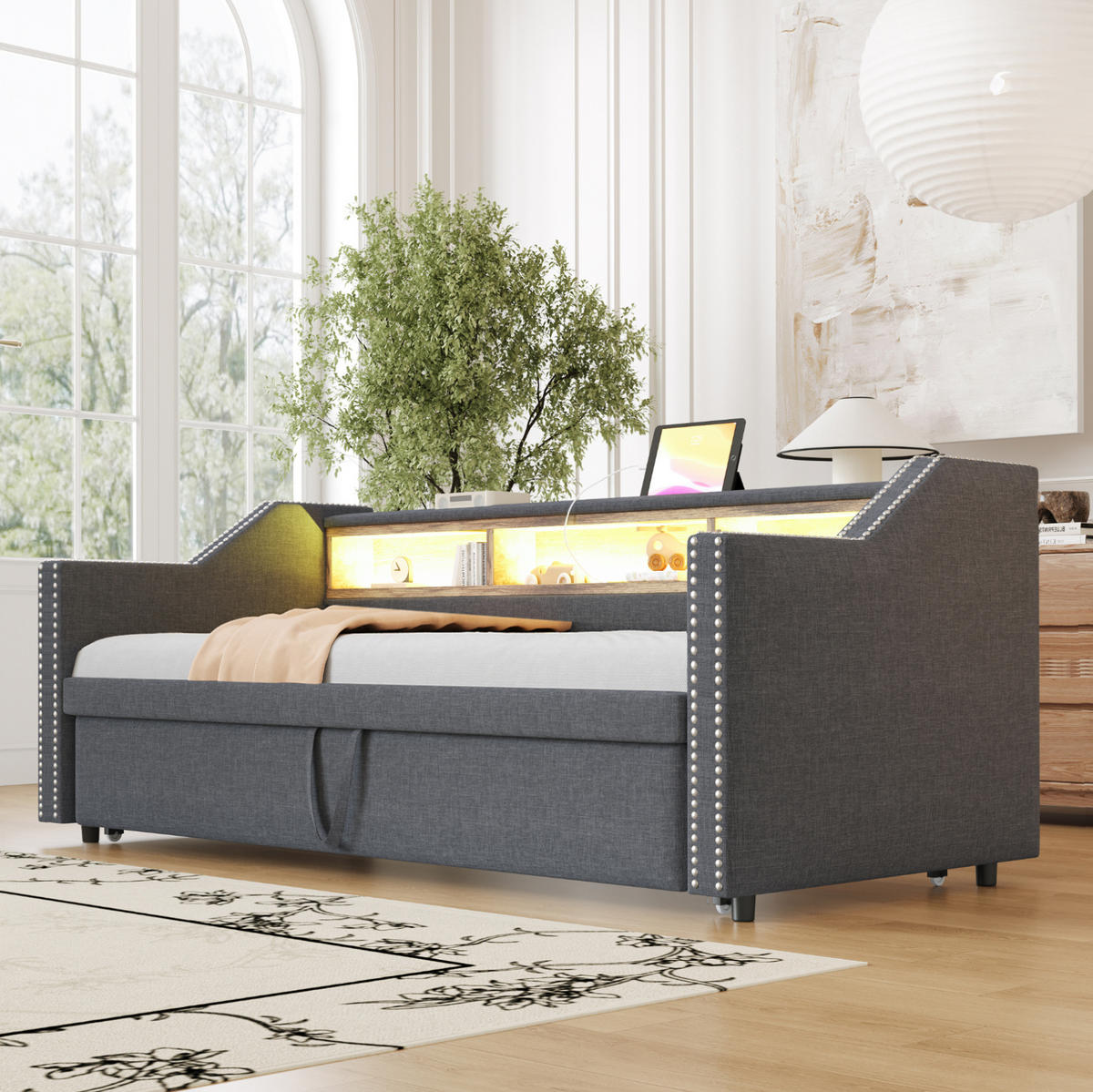 AUSZIEHBETT 90/180×190 cm Dunkelgrau mit LED-Beleuchtung und USB-Anschluss - Dunkelgrau, Textil (90/190cm) - Flora Grace