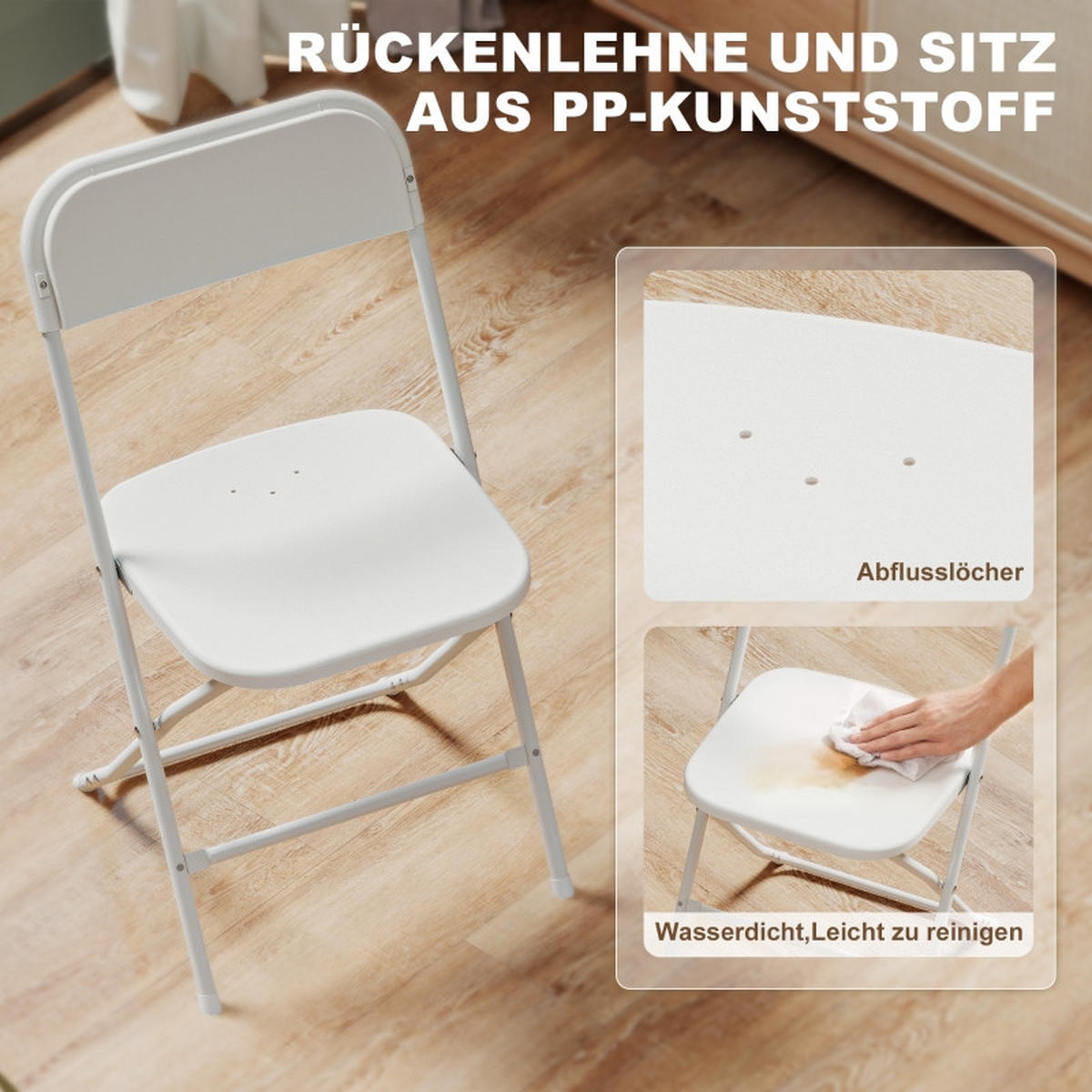 6ER-SET Klappstühle, faltbare Stühle mit Ablauflöchern, Stahlrahmen, vielseitig einsetzbar, Weiß - Weiß, Kunststoff (45/79.5/49cm)