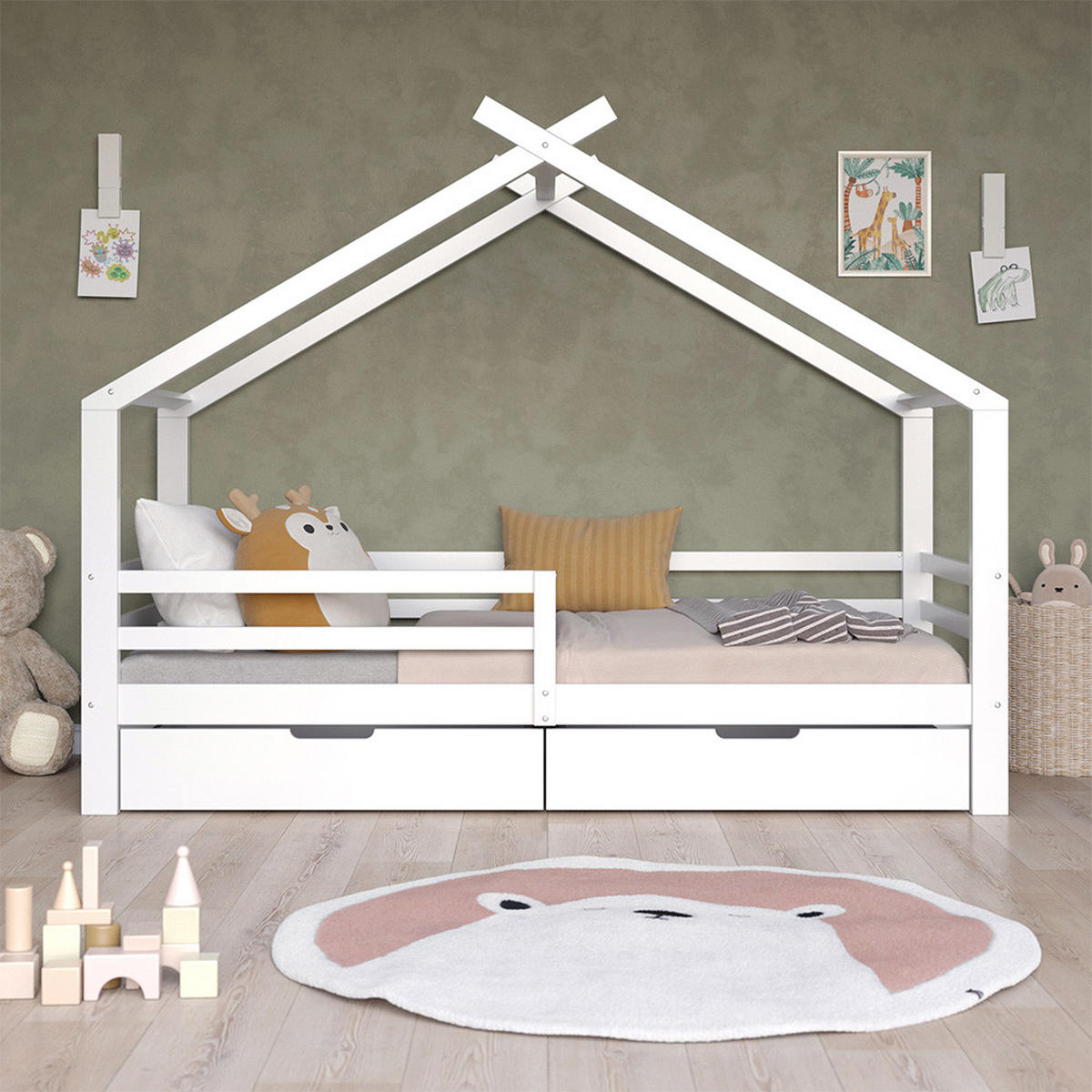 HAUSBETT Luni Weiß 200 x 90 cm mit Schubladen und Matratze - Weiß, Holz - VitaliSpa