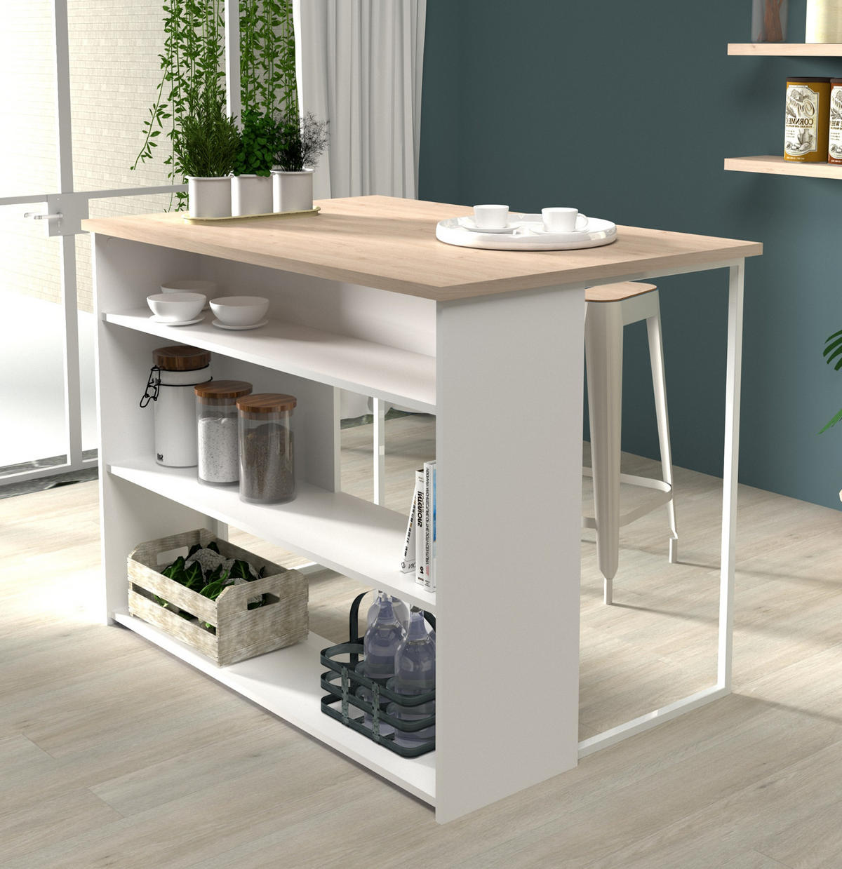 BUFFET weiß, Eiche, Set 2-tlg. Buffetschrank und Kücheninsel - Eichefarben/Weiß, Holzwerkstoff/Metall (116/184/80cm) - Parisot Meuble