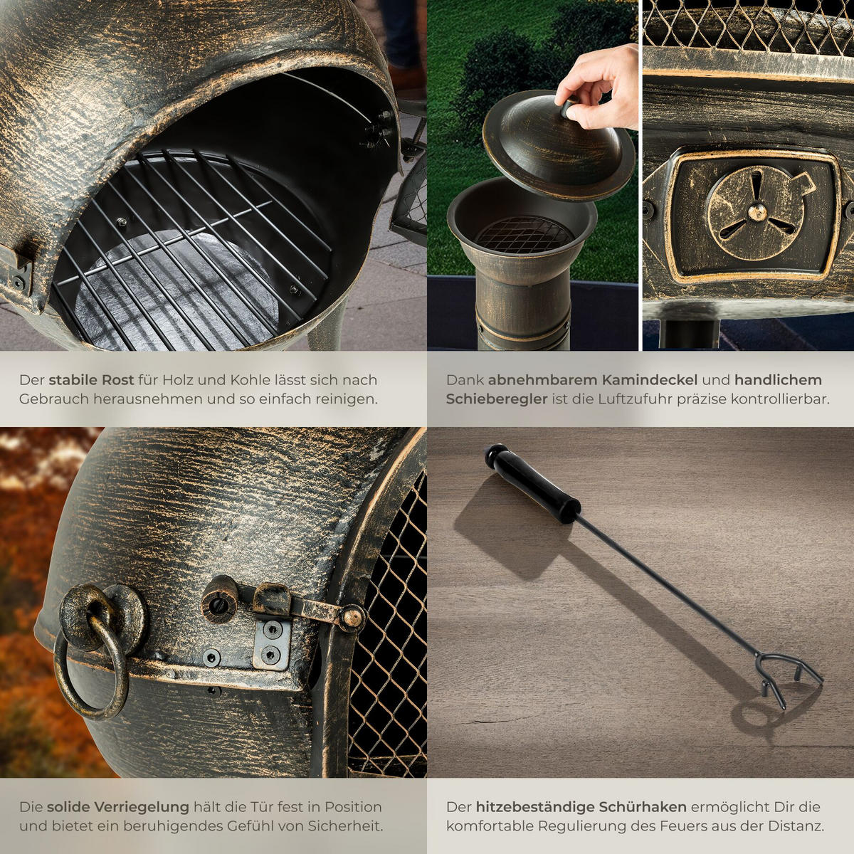 TERRASSENOFEN ,inklusive Schürhaken,grau - Grau, Metall (52/115/44cm) - tectake