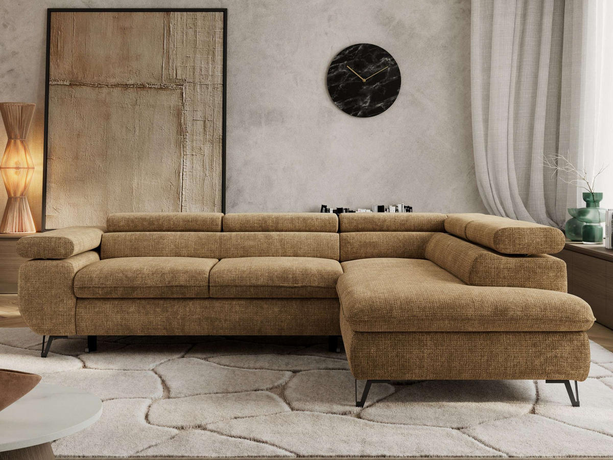 ECKSOFA PABLO L Hellbraun Schenille grob gewebt - Rechts Seite - Hellbraun/Schwarz, Textil/Metall (273/208cm) - MKS