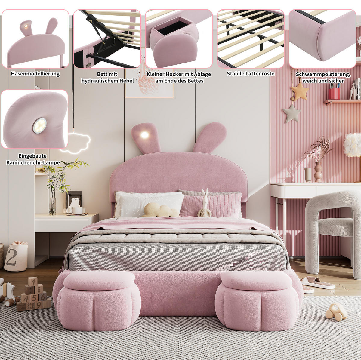 POLSTERBETT aus Samt 140x200 cm Rosa mit LED-Beleuchtung, hydraulischem Stauraum und 2 Hockern - Rosa, Textil (140/200cm) - IVMEU