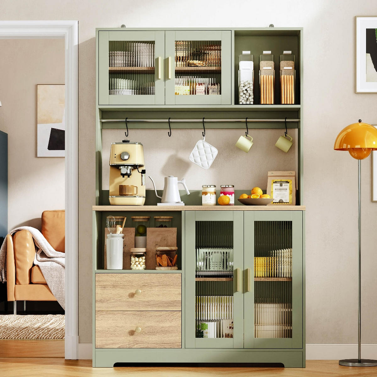 KÜCHENSCHRANK mit LED, Hochschrank, Vitrine mit Glastüren, Weinregal, Grün-Holzoptik, 110/40/178 cm - Grün, Kunststoff (40/178/110cm) - Rolipo
