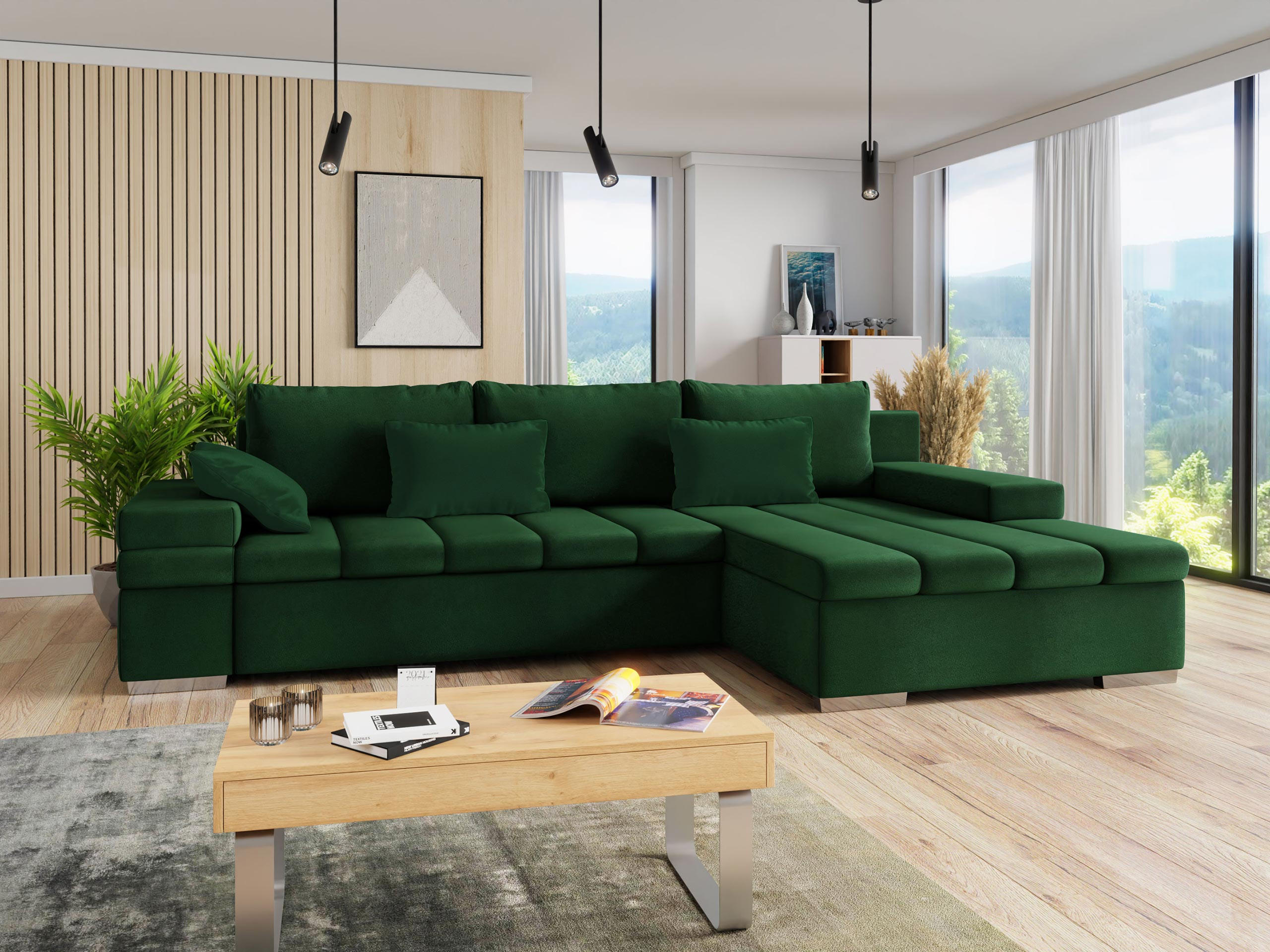 ECKSOFA Bangkok, Seite: Rechts - Waldgrün/Silberfarben, Holz/Textil (310/175cm) - MIRJAN24