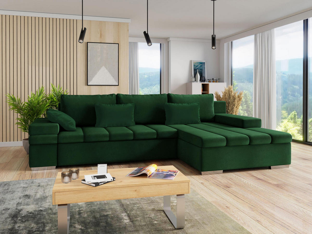 ECKSOFA Bangkok, Seite: Rechts - Waldgrün/Silberfarben, Holz/Textil (310/175cm) - MIRJAN24