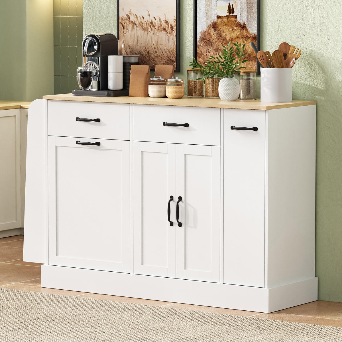 SIDEBOARD mit Mülleimerfach 133,5 x 40 x 86 cm Weiß Holzoptik - Weiß, Holzwerkstoff (133.5/86/40cm) - Meubliv