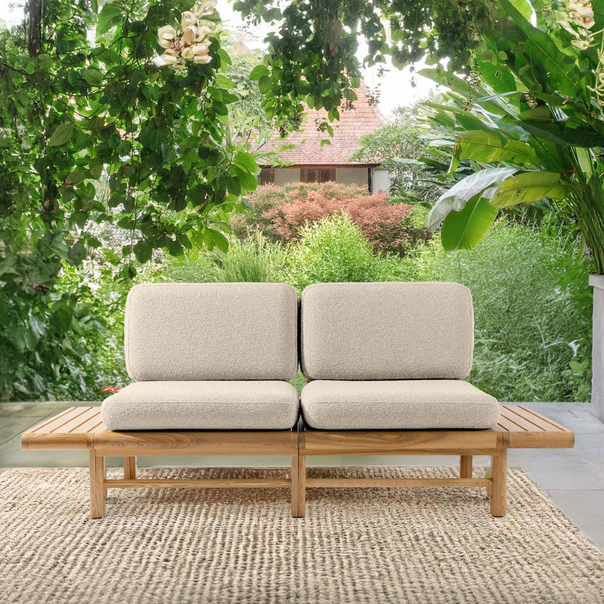 GARTENSOFA ATREDA 2-Sitzer, mit beideseitig Ablagen - Creme, Holz/Textil (190/74/80cm) - KONSIMO®