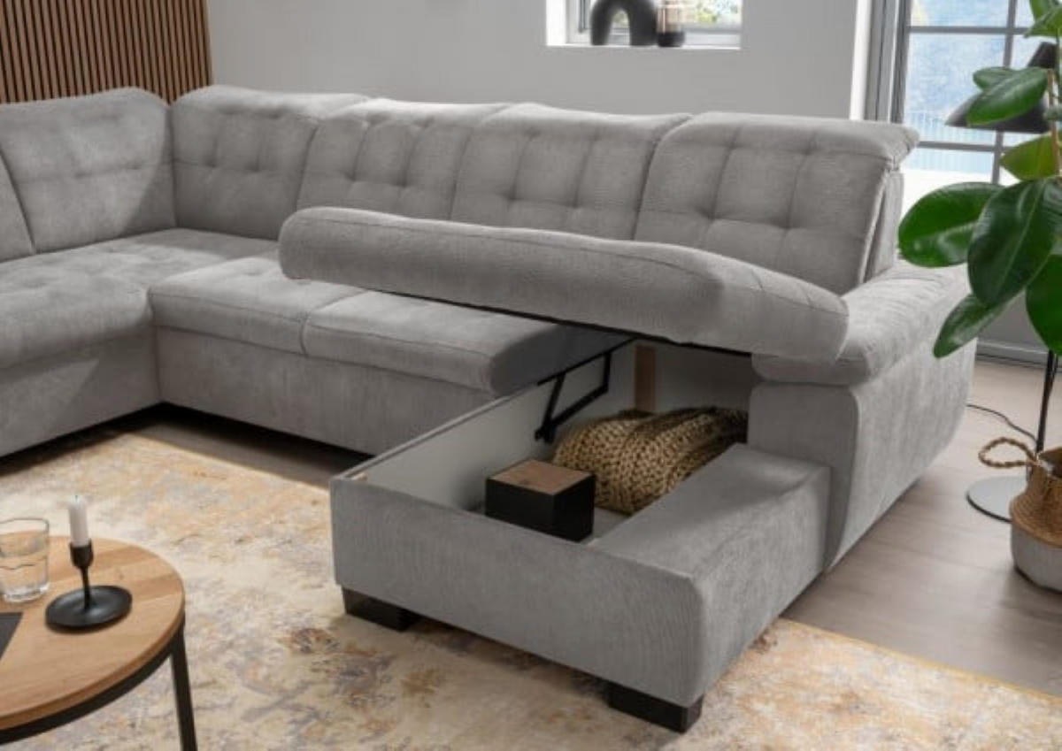 WOHNLANDSCHAFT mit Schlaffunktion und Bettkasten, verstellbare Kopflehnen - Hellgrau/Schwarz, Kunststoff/Textil (305/163/216cm) - myHomelando