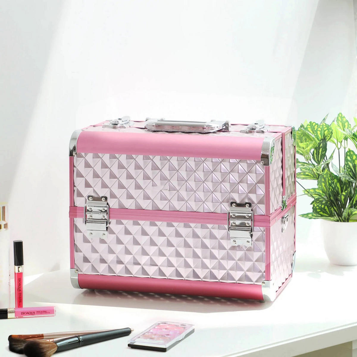 KOSMETIKKOFFER MIT DIAMANTMUSTER - Pink, Holzwerkstoff (28/23/36cm) - Hansiro