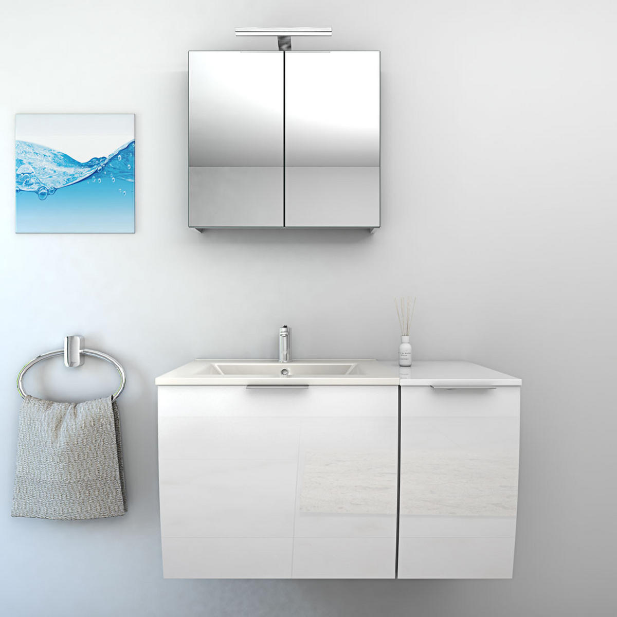 BADMÖBEL Set Gently 1 V1 Weiß MDF Waschtisch 90cm mit 5W LED-Strahler - Weiß, Glas/Kunststoff (46/52/90cm) - AcquaVapore by Sandra Jentho