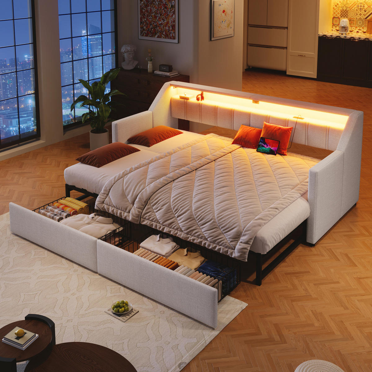 BETT 90/200 cm Beige aus Leinen mit USB, Typ-C und LED-Leiste - Beige, Textil (90/200cm) - OKMYHOME