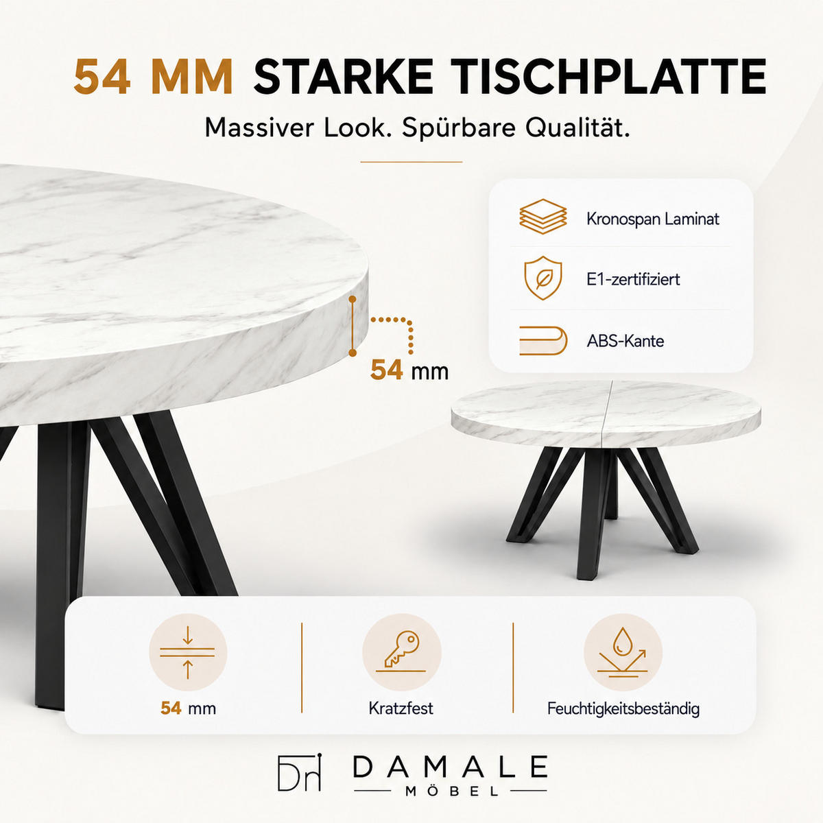 ESSTISCH rund ausziehbar 110/210/76 cm, Marmor, 54 cm Tischplatte + Industrial Metallgestell Schwarz - Hellgrau/Schwarz, Holzwerkstoff/Metall (110/210/76cm) - Damale Möbel