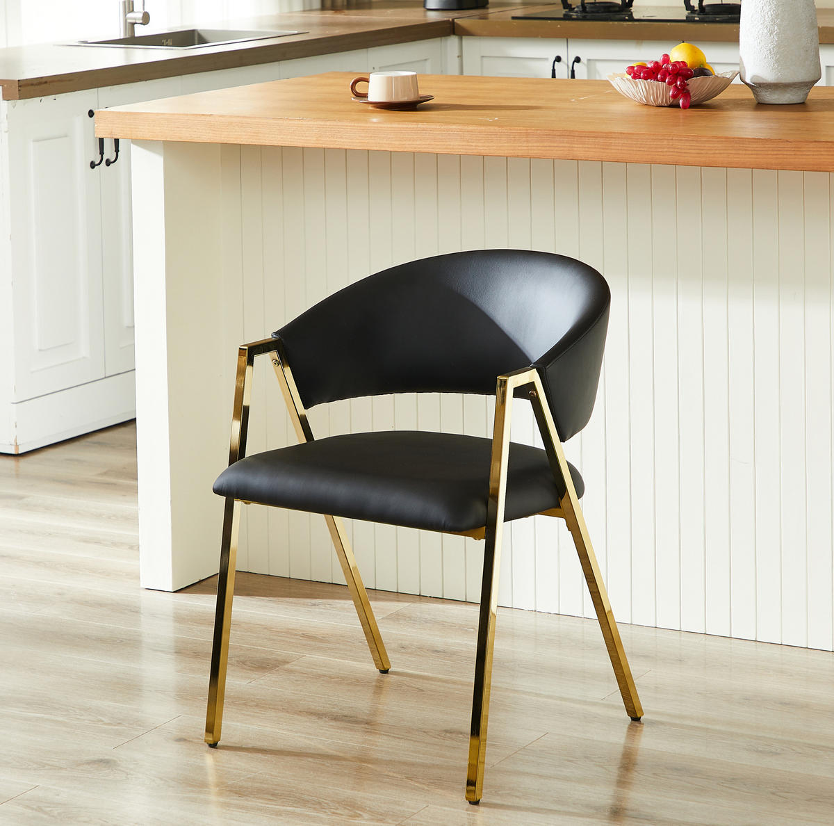 ESSZIMMERSTUHL 2er-Set mit Rückenlehne PU-Leder Schwarz Gold - Schwarz, Metall (56/77/59cm) - Meubliv