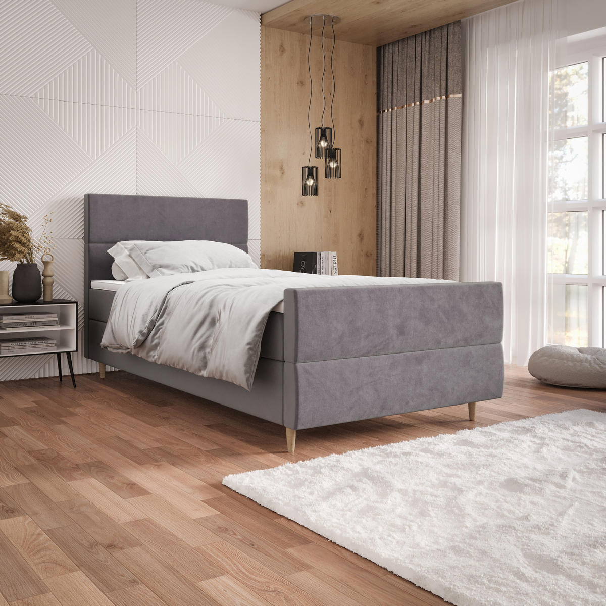 BOXBETT FLO PLUS 100x200 Itaka 50, mit Matratze H3, Bonell und Topper, Hellgrau - Hellgrau, Holz/Textil (100/200cm) - Bedante