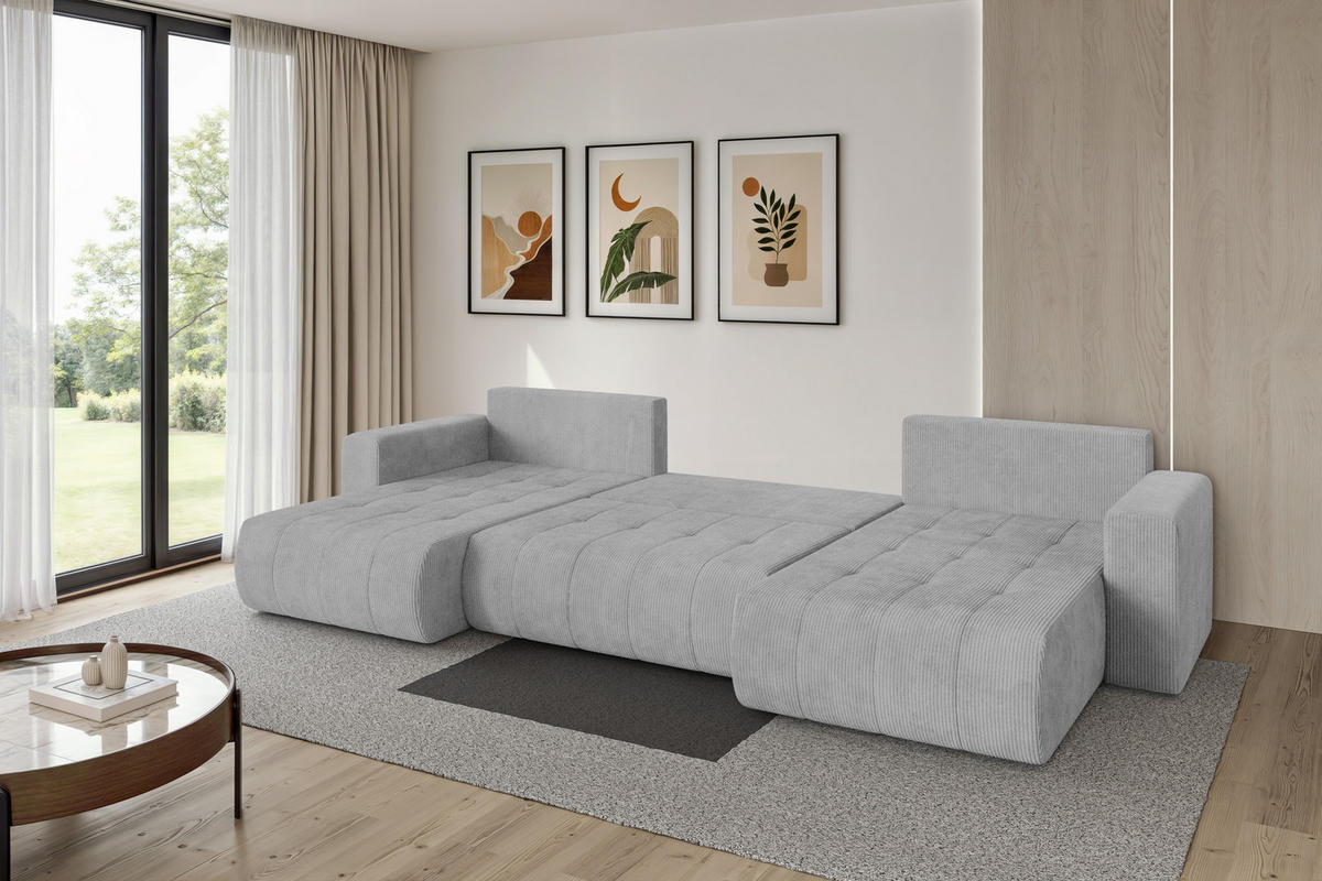 SEDACÍ SOUPRAVA DO U s funkcí spaní a úložným prostorem MILA-U 378x194x86 šedá manšestr - šedá/černá, kompozitní dřevo/textil (378/86/194cm) - ALTDECOR
