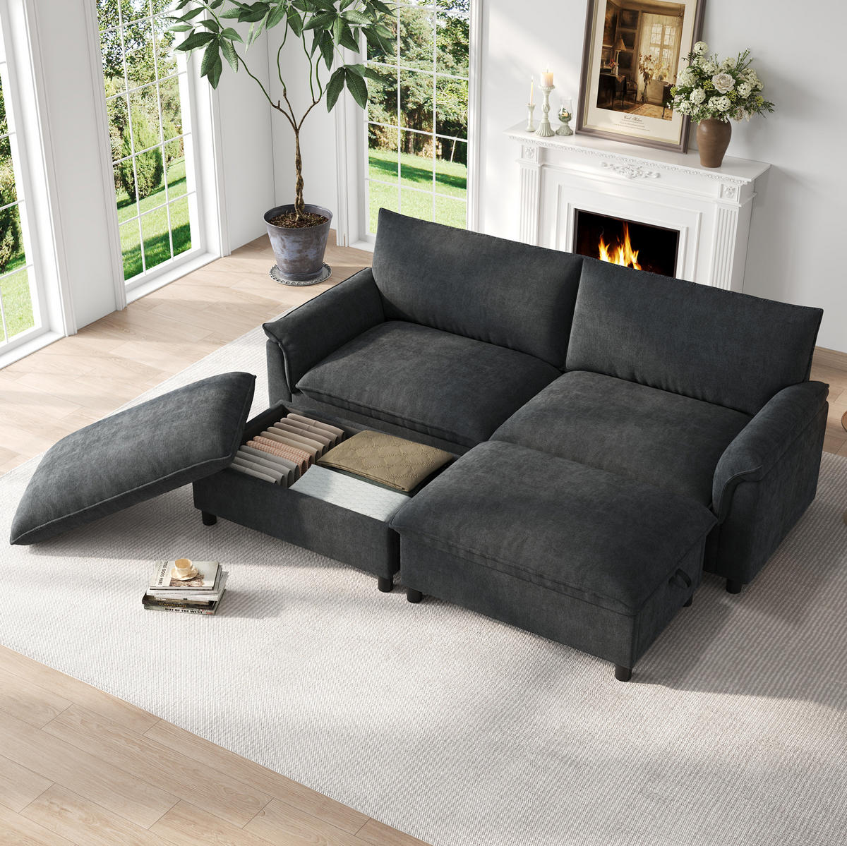 ECKSOFA 216/77/82 cm mit Schlaffunktion, beweglichem Fußhocker und Stauraum, Schwarz - Schwarz, Textil (216/77cm) - Redom