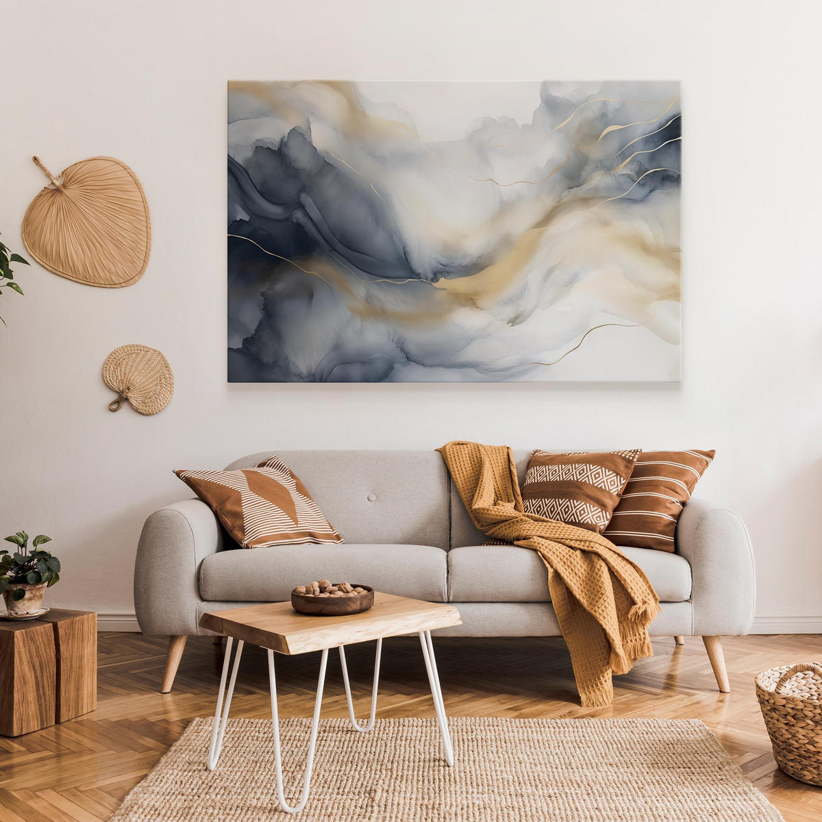 LEINWANDBILD Marmor Muster Malarei 100x70 - Blau/Beige, Textil (100/70cm) - Muralo