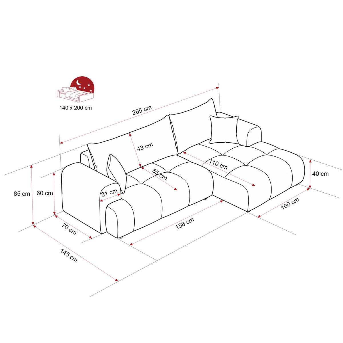 ECKSOFA MILANO mit Schlaffunktion und Bettkasten Creme - Creme, Holzwerkstoff/Kunststoff (250/90cm) - Idohome
