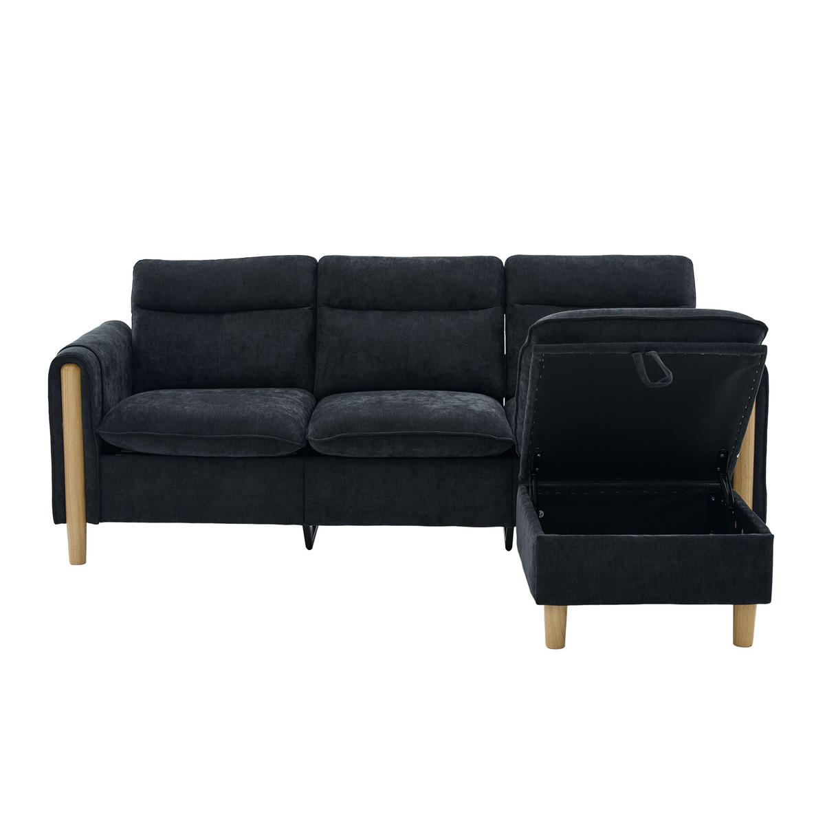 ECKSOFA DE-33940 mit Stauraumhocker und Seitentaschen Schwarz - Schwarz, Holz (77/201cm) - ComfortXL