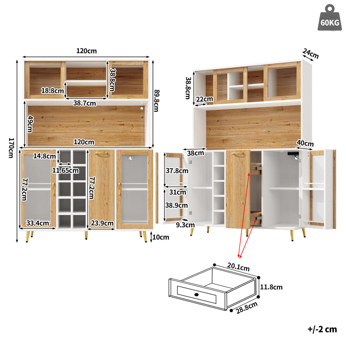 BUFFETSCHRANK 120/40/170 cm mit LED-Beleuchtung, Steckdose, Weinregal und viel Stauraum, Weiß/Holzdekor - Weiß, Holzwerkstoff (120/170/40cm) - Redom