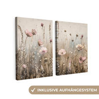 LEINWANDBILD 2er Set Blumen - Beige - Modern - Rosa 180x120 cm - Ecru, Textil (180/120cm) - MuchoWow