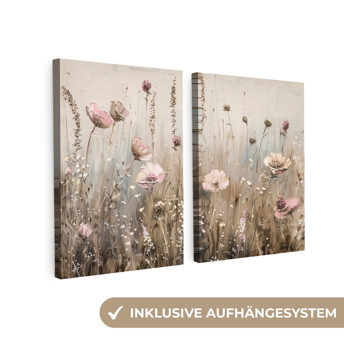 LEINWANDBILD 2er Set Blumen - Beige - Modern - Rosa 180x120 cm - Ecru, Textil (180/120cm) - MuchoWow