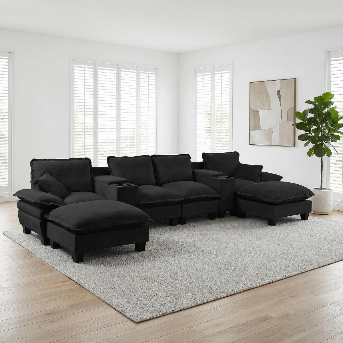 WOHNLANDSCHAFT Modulare Cloud-Couch U-Form mit USB und Stauraum, DE-42767, Schwarz - Schwarz, Holzwerkstoff (392/90/151cm) - ComfortXL