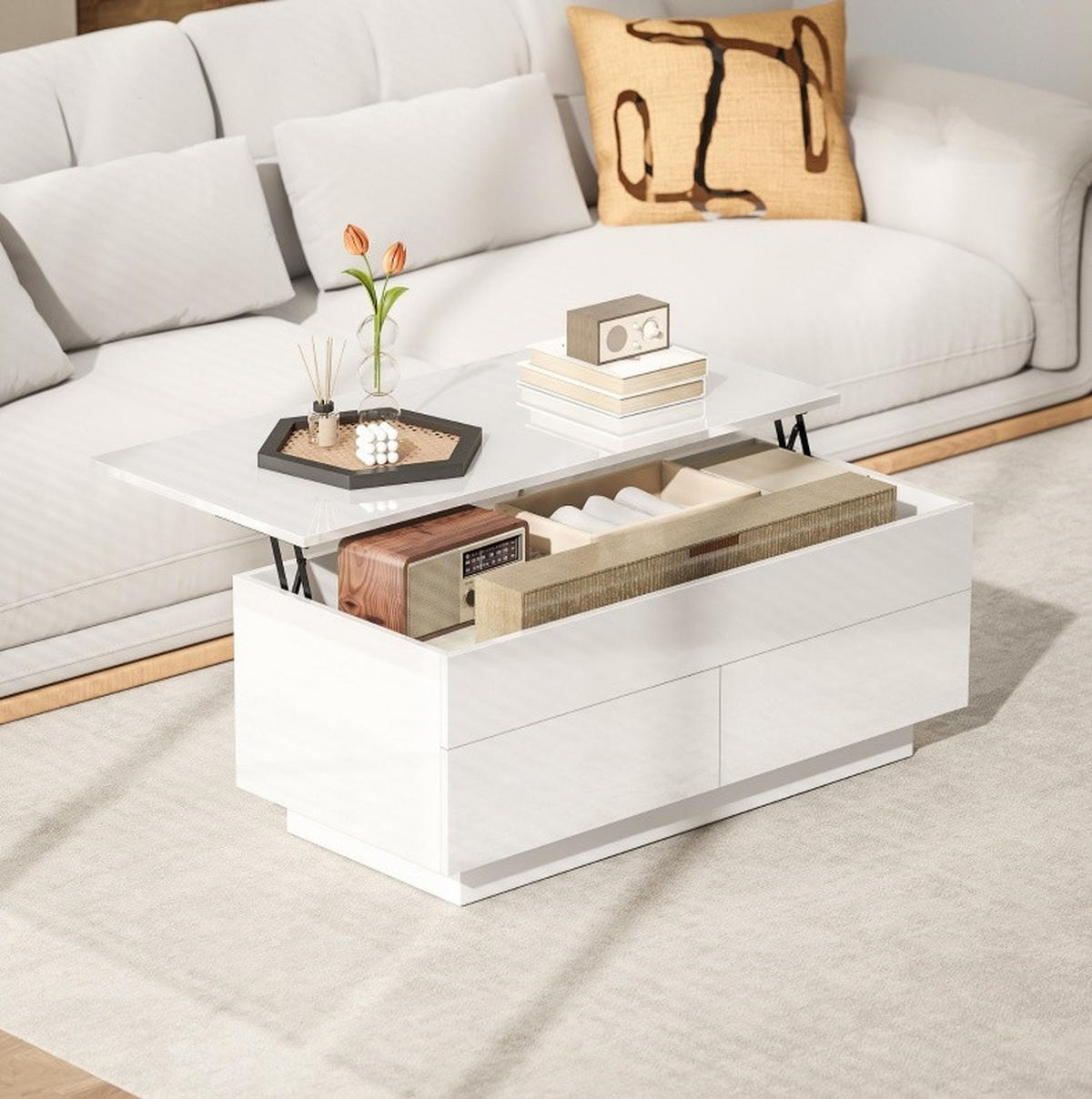 KONFERENČNÍ stolek 102/48/40 cm lesklá bílá z dřeva a kovu se zvedací deskou a zásuvkami - bílá, dřevo (102/48/54.5cm) - OKWISH