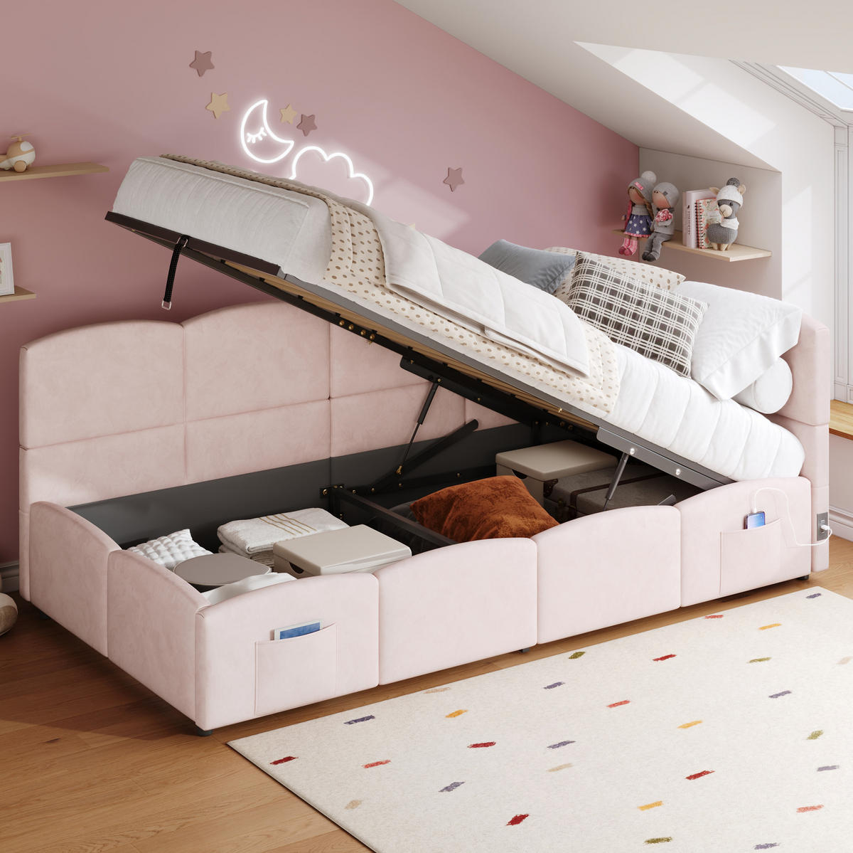 POLSTERBETT 90/200 cm rosa aus Samt mit Stauraum und USB - Rosa, Holzwerkstoff (90/200cm) - OKWISH