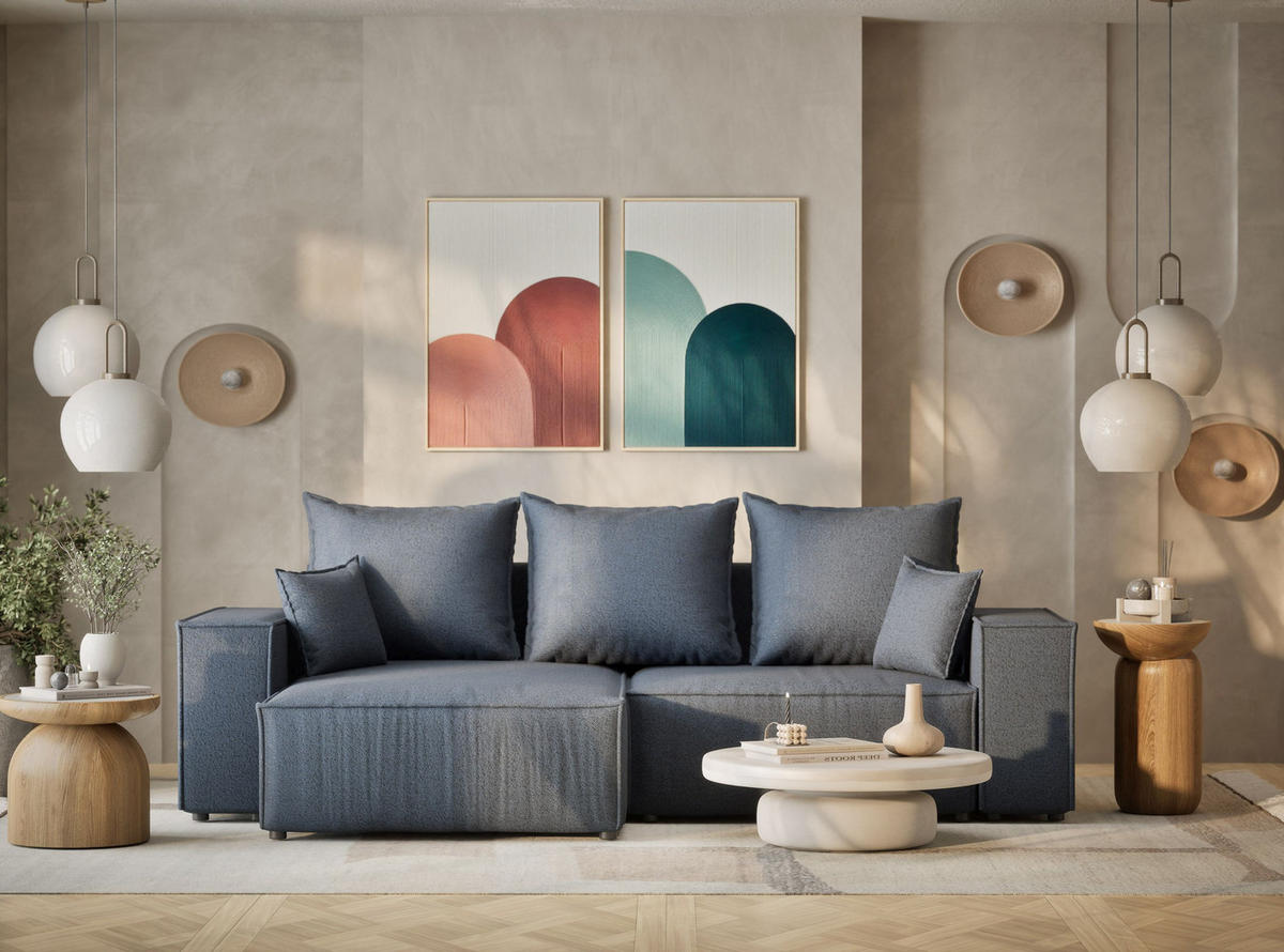 ECKSOFA MIT SCHLAFFUNKTION Moyo Blau Grau Webstoff - Blaugrau/Schwarz, Holz/Holzwerkstoff (255/148cm) - Maison de Reve