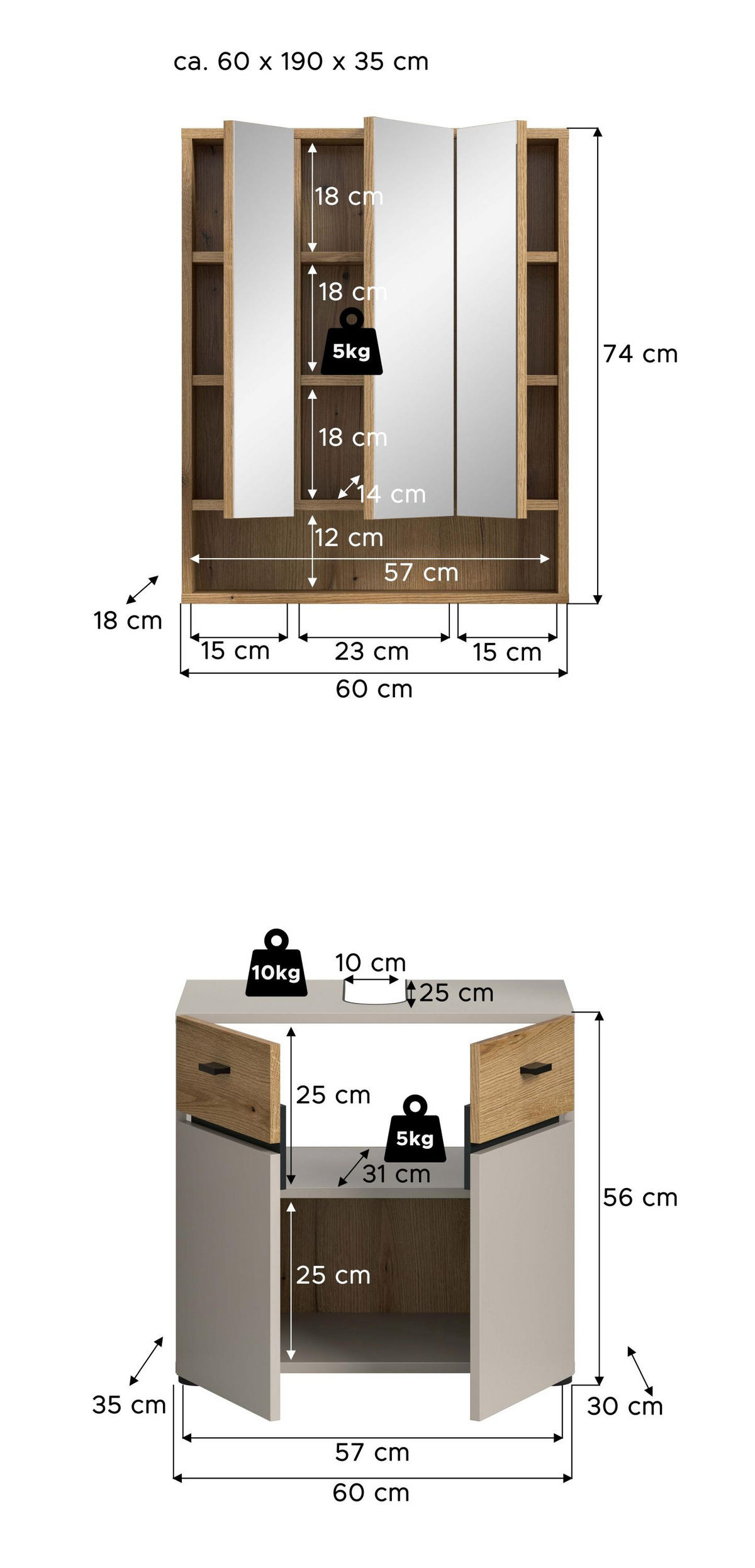 BADKOMBINATION Aqua Kaschmir 60/35/191 cm - Beige, Holzwerkstoff (60/191/35cm) - Xonox