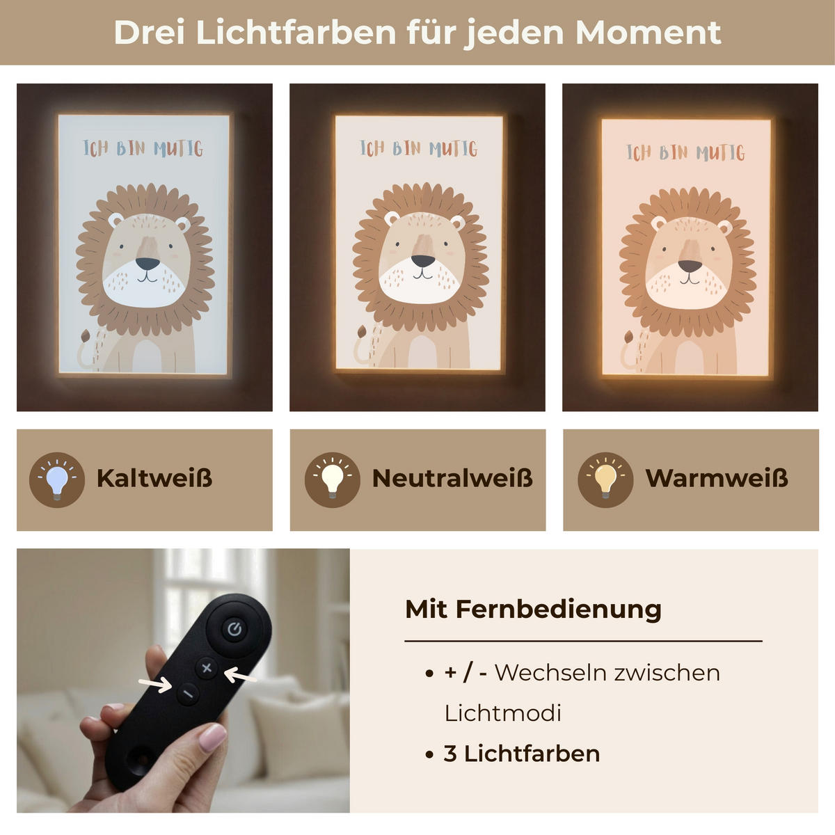 NACHTTISCHLAMPE MIT AKKU Löwe - Beige - Tier - Mutig - Zitat 70x100 cm - Beige, Holzwerkstoff (8/70/100cm) - OnlyWow