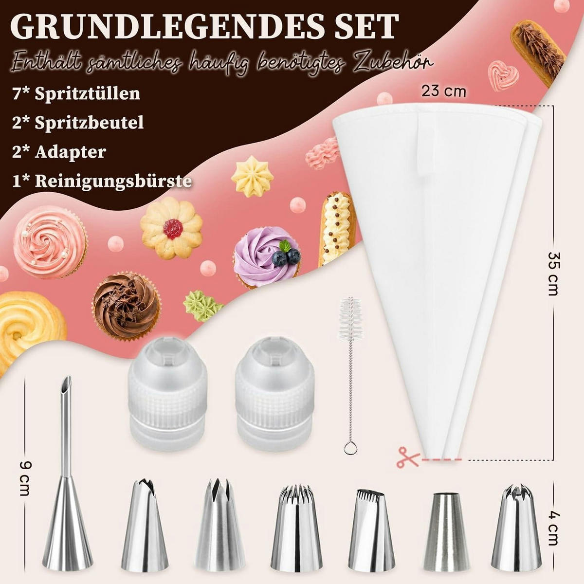 SPRITZBEUTEL-SET 12-teilig mit 7 Spritztüllen aus Edelstahl - Weiß, Textil (23/4/35cm)