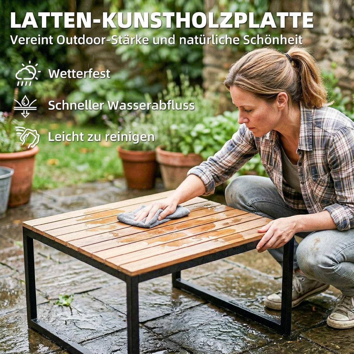 TERASSENMÖBELSET 4-teilig aus Kunststoff Holz Verbundstoff Teak - Schwarz/Grau, Textil/Metall - Outsunny