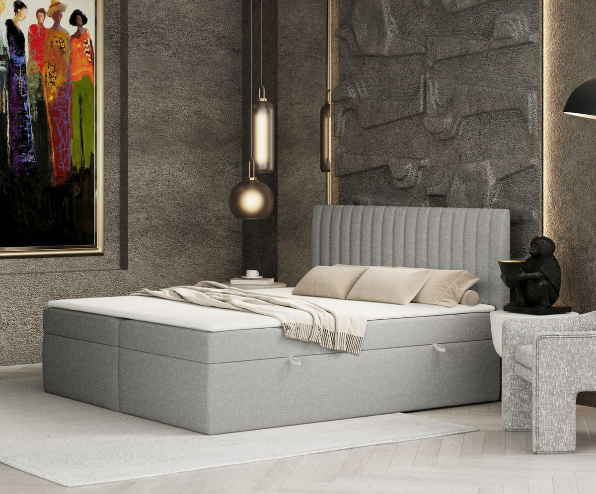 BOXBETT Spencer Grau Beige 160/200 cm mit Matratze und Topper - Beige/Schwarz, Holz/Holzwerkstoff (160/200cm) - Maison de Reve
