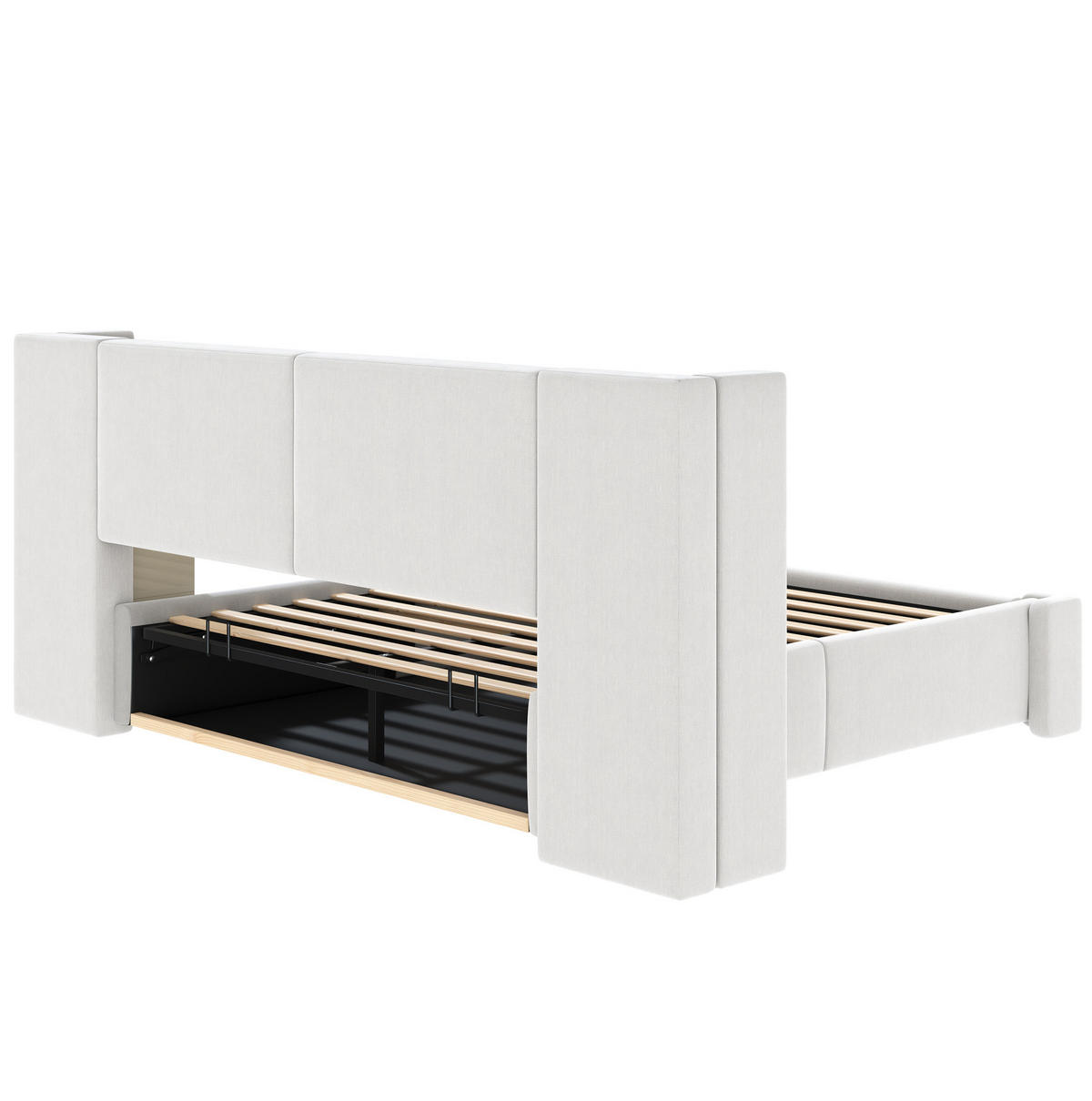 POLSTERBETT aus Leinen und MDF 180x200 cm Beige mit hydraulischem Bettkasten und LED-Nachttischen - Beige, Textil (180/200cm) - Modfu