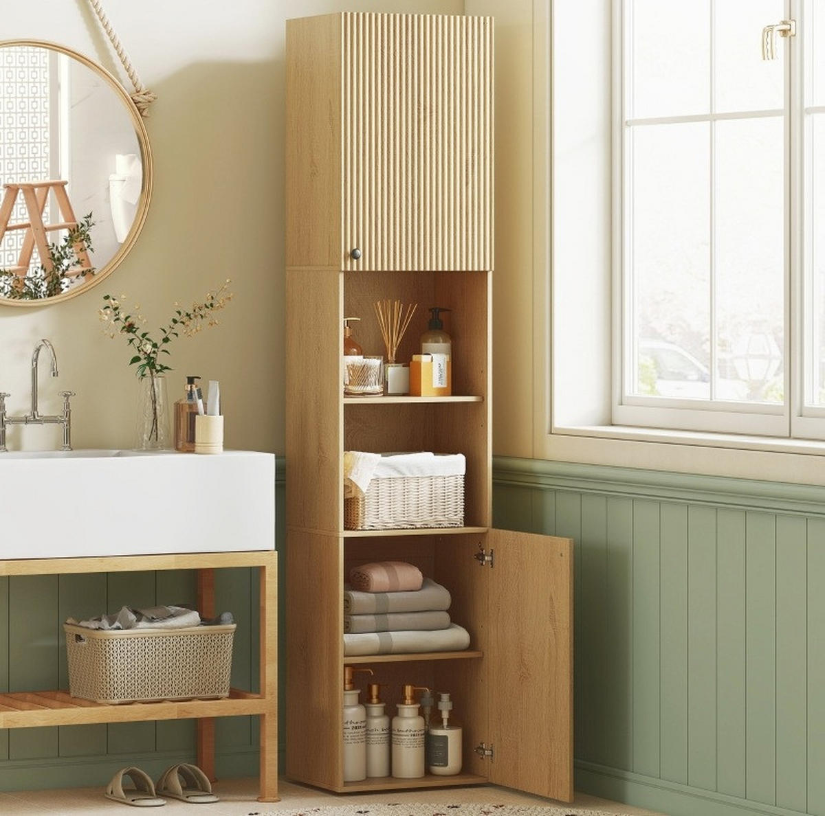 BADEZIMMER Hochschrank 40x31x182 cm Eiche mit 2 Fächern & verstellbaren Regalen - Eichefarben, Holzwerkstoff (40/182/31cm) - Modfu
