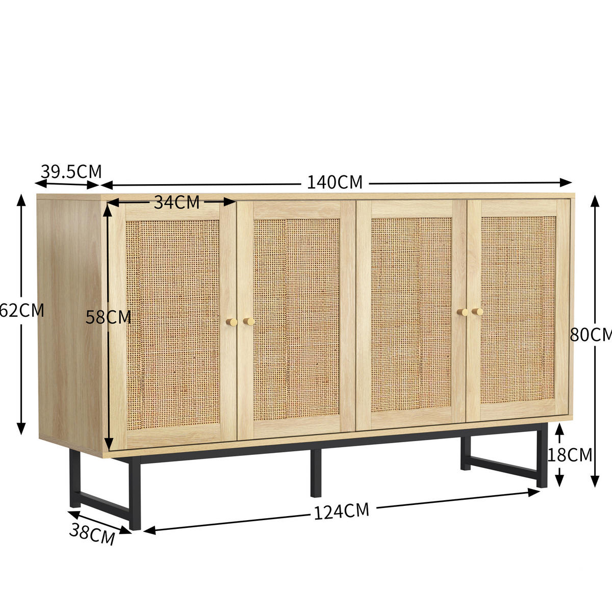 KOMMODE aus Spanplatte 140x39,5x80cm in Naturfarben mit Rattan - Naturfarben, Holzwerkstoff (140/80/39.5cm) - Modfu
