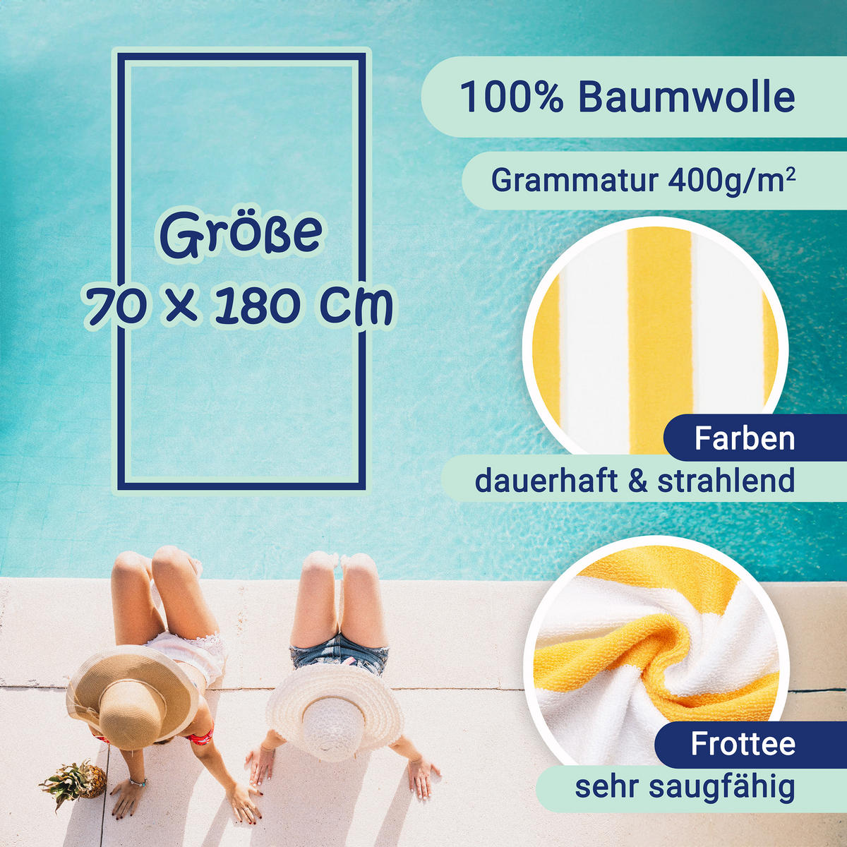 STRANDTUCH, 2er-Set, 70x180 cm, 100% Baumwolle, Gelb - Gelb, Textil (70/180cm) - Zollner