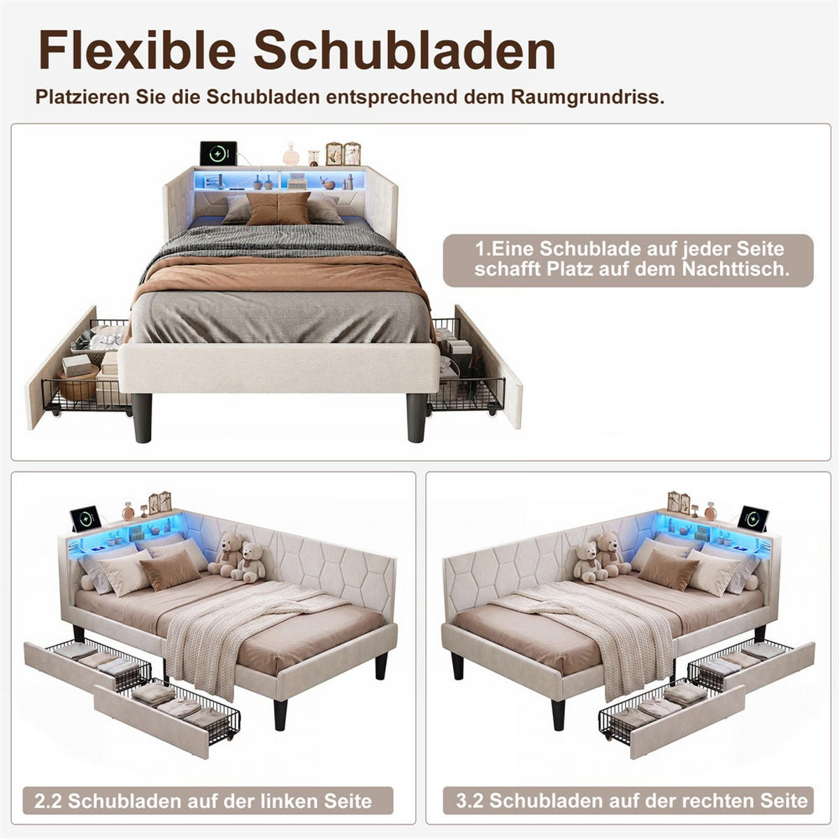 POLSTERBETT 90x200 cm mit Kopfteil-Stauraum - 2 Schubladen - USB Type-C & LED - ohne Matratze - Beige - Beige, Textil (90/200cm) - DELFA