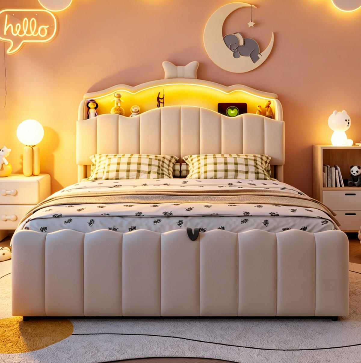 KINDERBETT 140x200 cm in Beige mit LED, USB-/USB-C-Anschlüssen und hydraulischem Stauraum - Beige, Textil (140/200cm) - IVMEU