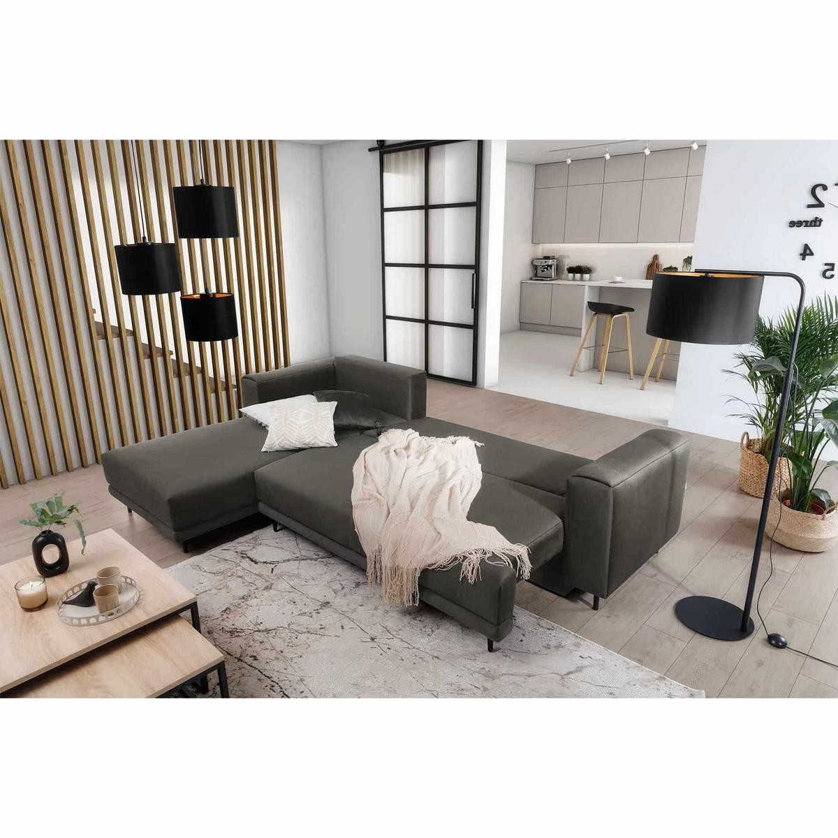 ECKSOFA mit Schlaffunktion und Bettkasten, Loco-Stoff - Schwarz/Grau, Textil/Metall (289/190cm) - Eltap
